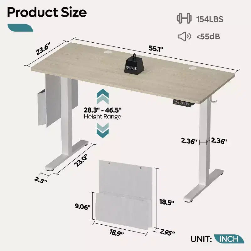 Scrivania da 55" con Altezza Regolabile Elettricamente con Porta USB, Ganci e Borsa Laterale