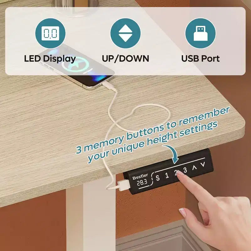 Scrivania da 55" con Altezza Regolabile Elettricamente con Porta USB, Ganci e Borsa Laterale