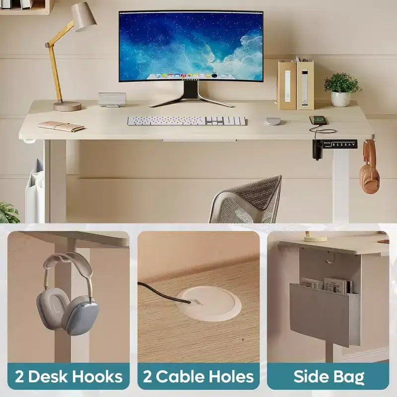 Scrivania da 55" con Altezza Regolabile Elettricamente con Porta USB, Ganci e Borsa Laterale