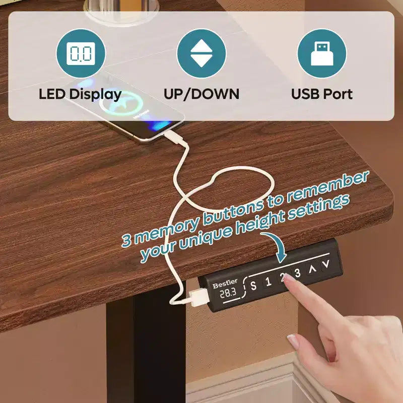 Scrivania da 55" con Altezza Regolabile Elettricamente con Porta USB, Ganci e Borsa Laterale