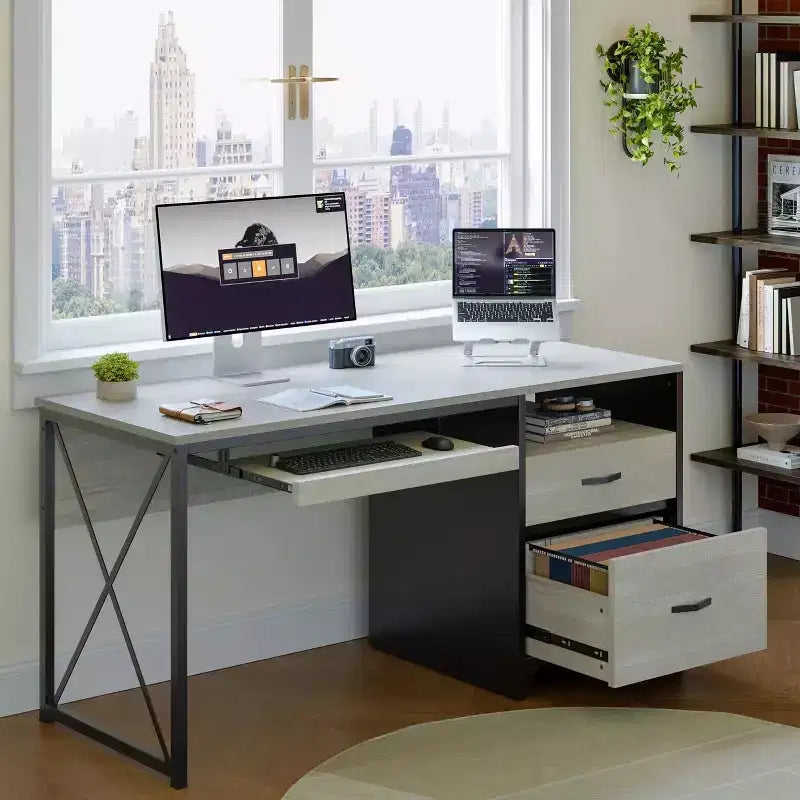 Scrivania da ufficio da 55" con vassoio per tastiera e cassetti portadocumenti, stile industriale con spazio di archiviazione