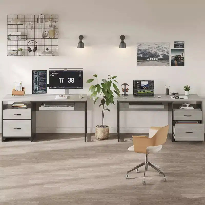 Scrivania da ufficio da 55" con vassoio per tastiera e cassetti portadocumenti, stile industriale con spazio di archiviazione