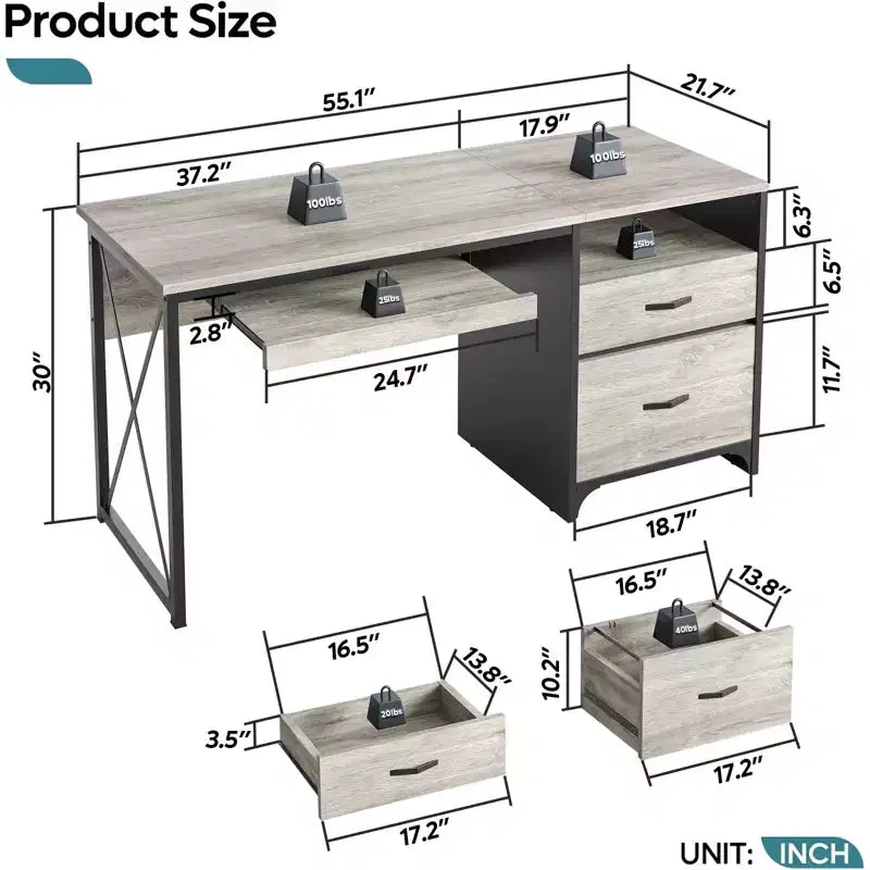 Scrivania da ufficio da 55" con vassoio per tastiera e cassetti portadocumenti, stile industriale con spazio di archiviazione