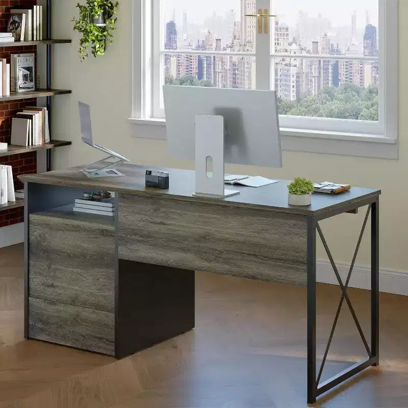 Scrivania da ufficio da 55" con vassoio per tastiera e cassetti portadocumenti, stile industriale con spazio di archiviazione