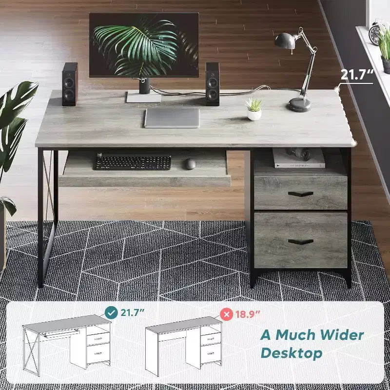 Scrivania da ufficio da 55" con vassoio per tastiera e cassetti portadocumenti, stile industriale con spazio di archiviazione