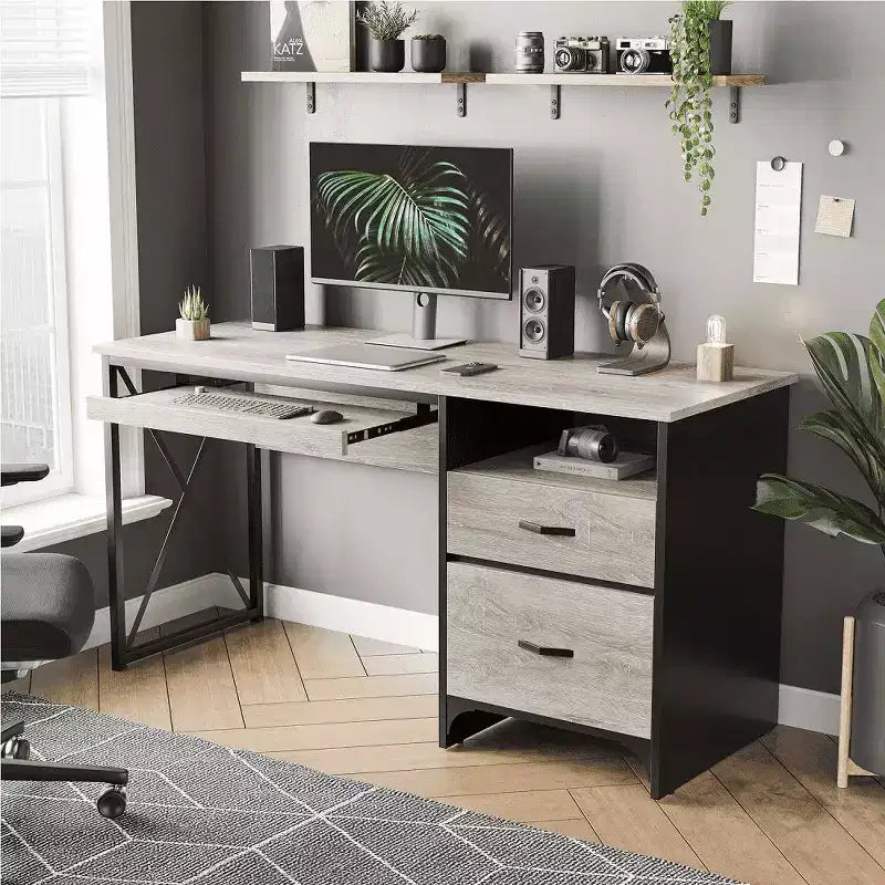 Scrivania da ufficio da 55" con vassoio per tastiera e cassetti portadocumenti, stile industriale con spazio di archiviazione