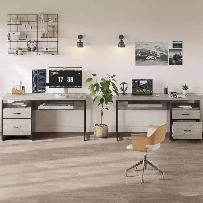 Scrivania da ufficio da 55" con vassoio per tastiera e cassetti portadocumenti, stile industriale con spazio di archiviazione