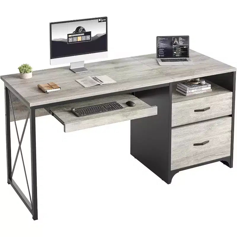 Scrivania da ufficio da 55" con vassoio per tastiera e cassetti portadocumenti, stile industriale con spazio di archiviazione