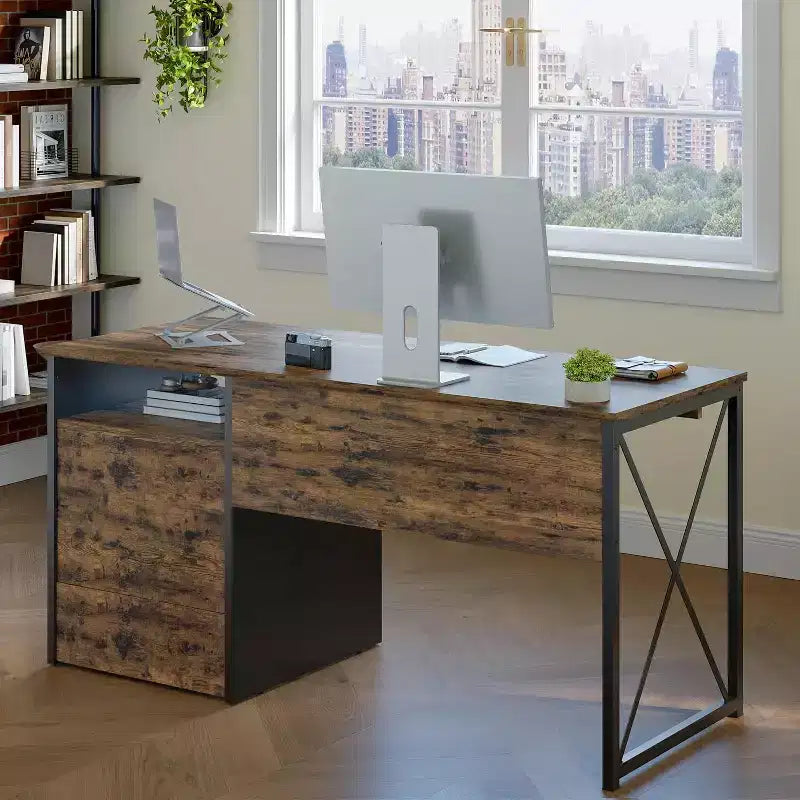 Scrivania da ufficio da 55" con vassoio per tastiera e cassetti portadocumenti, stile industriale con spazio di archiviazione