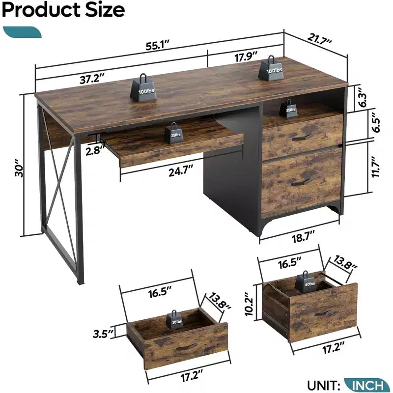 Scrivania da ufficio da 55" con vassoio per tastiera e cassetti portadocumenti, stile industriale con spazio di archiviazione