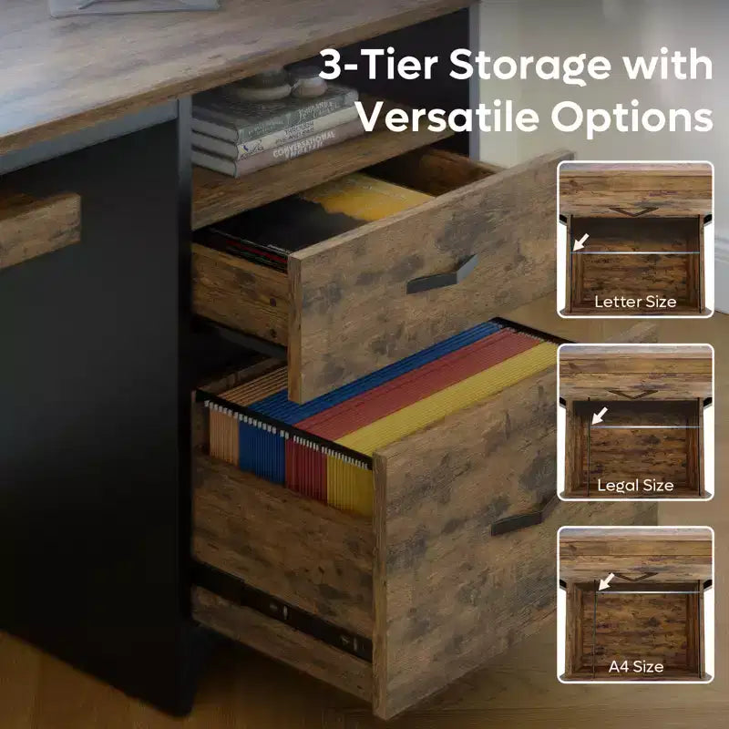 Scrivania da ufficio da 55" con vassoio per tastiera e cassetti portadocumenti, stile industriale con spazio di archiviazione