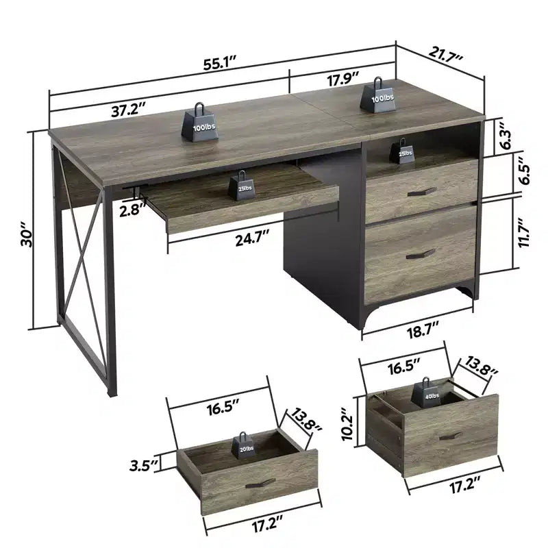 Scrivania da ufficio da 55" con vassoio per tastiera e cassetti portadocumenti, stile industriale con spazio di archiviazione