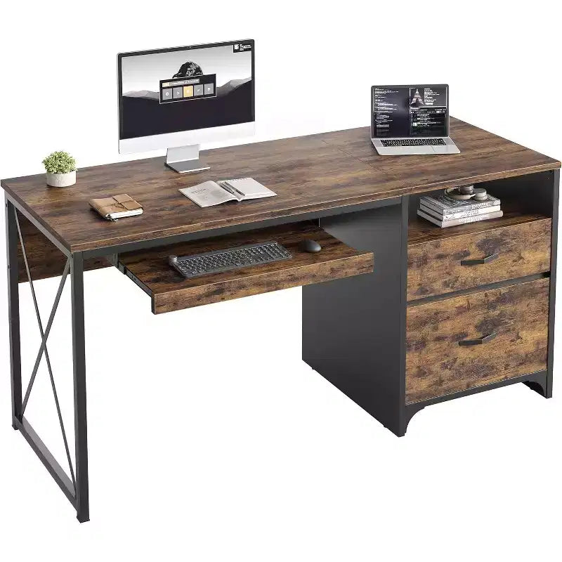 Scrivania da ufficio da 55" con vassoio per tastiera e cassetti portadocumenti, stile industriale con spazio di archiviazione