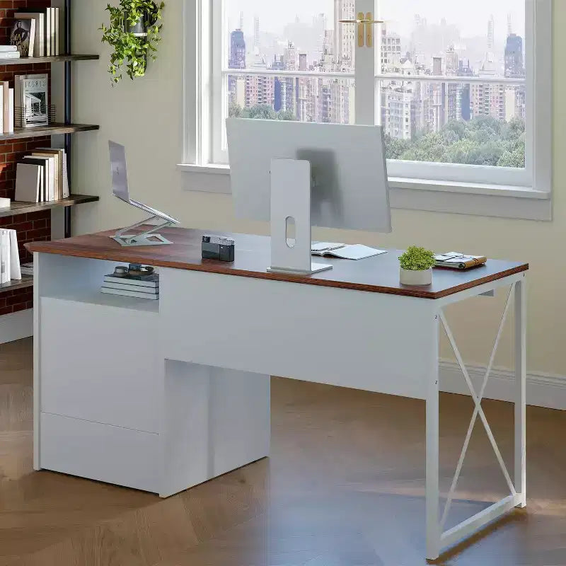 Scrivania da ufficio da 55" con vassoio per tastiera e cassetti portadocumenti, stile industriale con spazio di archiviazione