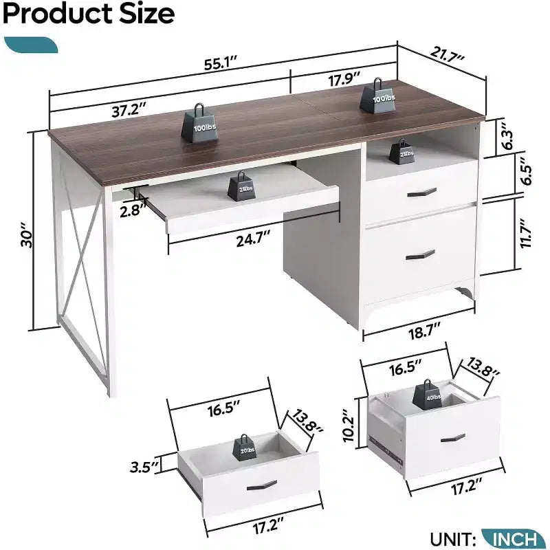 Scrivania da ufficio da 55" con vassoio per tastiera e cassetti portadocumenti, stile industriale con spazio di archiviazione