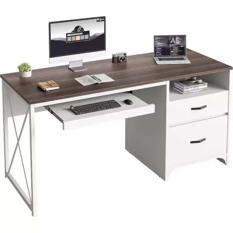 Scrivania da ufficio da 55" con vassoio per tastiera e cassetti portadocumenti, stile industriale con spazio di archiviazione