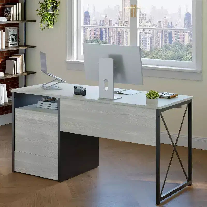 Scrivania da ufficio da 55" con vassoio per tastiera e cassetti portadocumenti, stile industriale con spazio di archiviazione