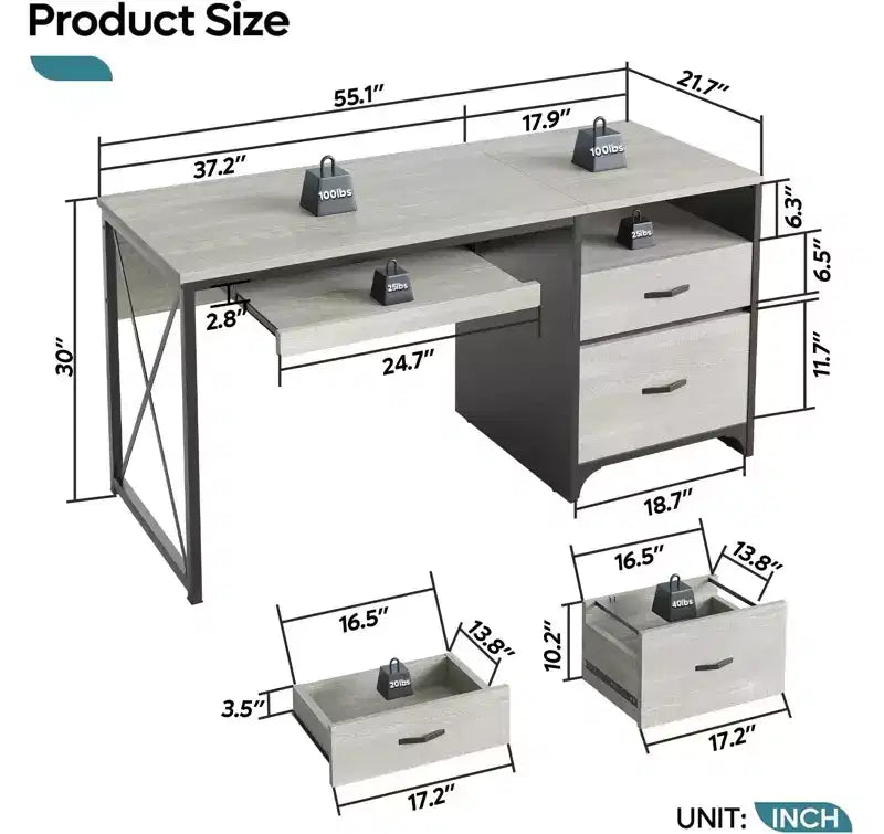 Scrivania da ufficio da 55" con vassoio per tastiera e cassetti portadocumenti, stile industriale con spazio di archiviazione