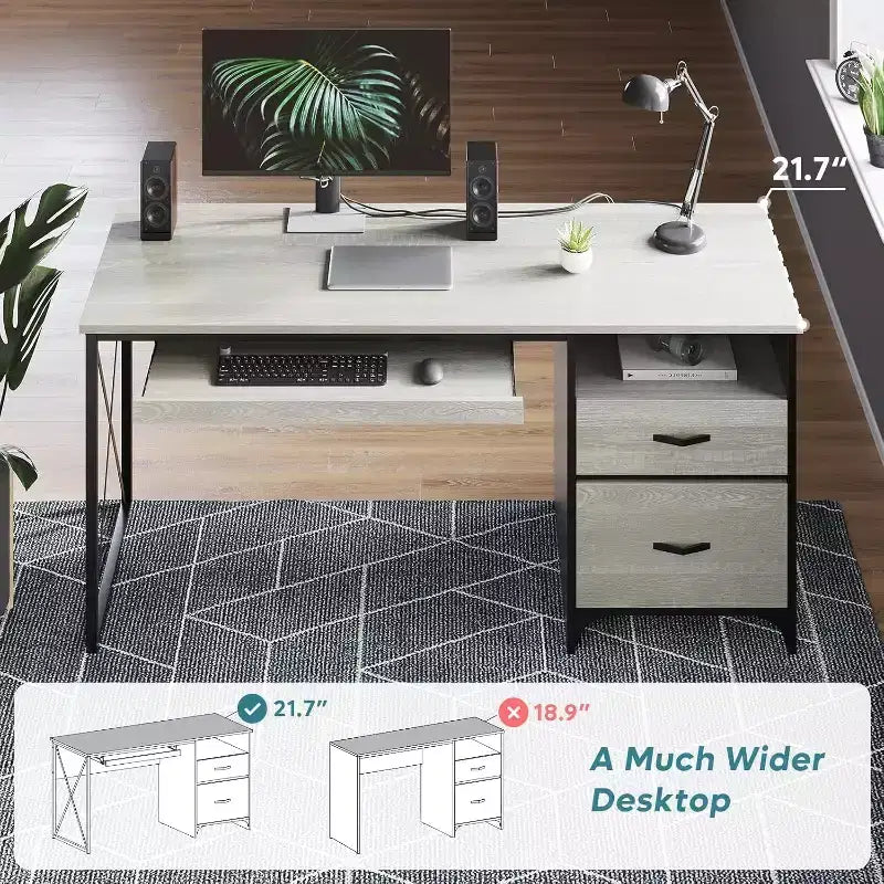 Scrivania da ufficio da 55" con vassoio per tastiera e cassetti portadocumenti, stile industriale con spazio di archiviazione