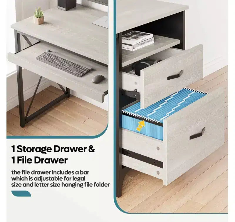 Scrivania da ufficio da 55" con vassoio per tastiera e cassetti portadocumenti, stile industriale con spazio di archiviazione