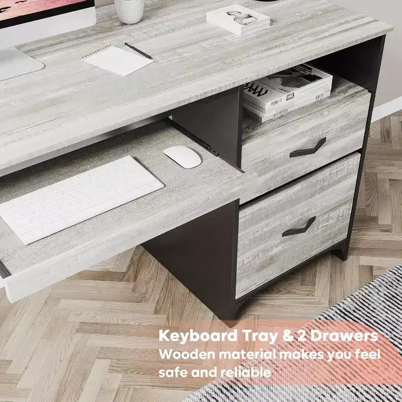 Scrivania da ufficio da 55" con vassoio per tastiera e cassetti portadocumenti, stile industriale con spazio di archiviazione