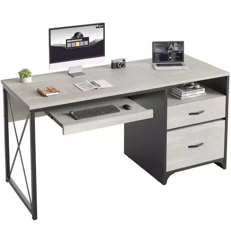 Scrivania da ufficio da 55" con vassoio per tastiera e cassetti portadocumenti, stile industriale con spazio di archiviazione