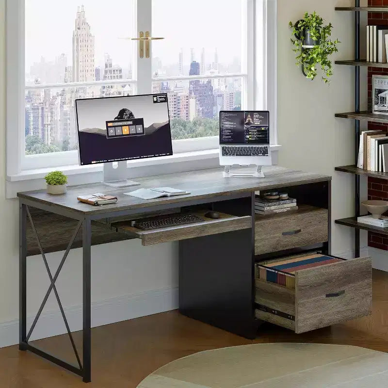 Scrivania da ufficio da 55" con vassoio per tastiera e cassetti portadocumenti, stile industriale con spazio di archiviazione