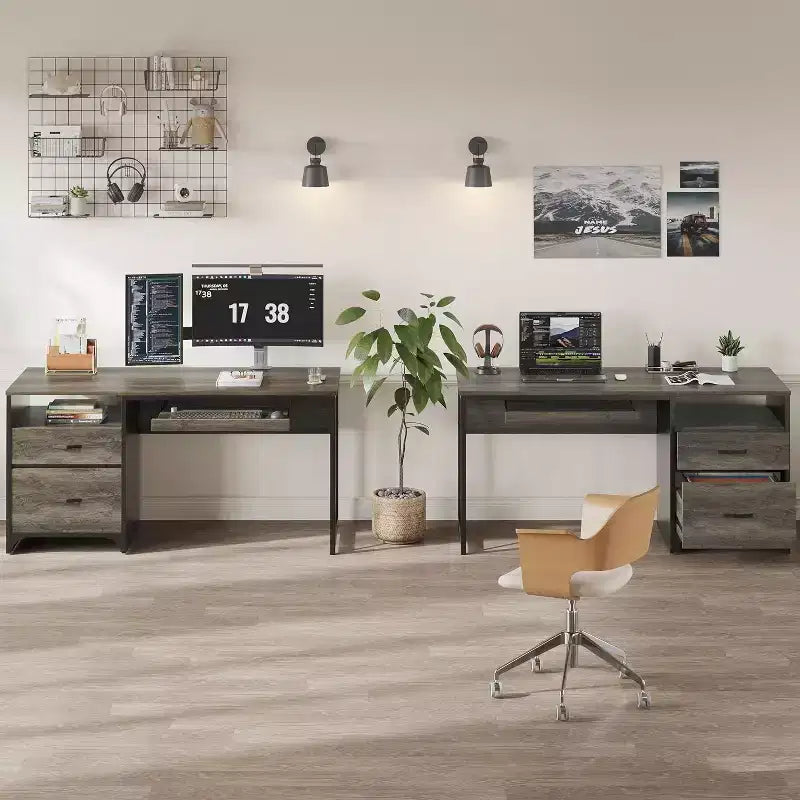 Scrivania da ufficio da 55" con vassoio per tastiera e cassetti portadocumenti, stile industriale con spazio di archiviazione