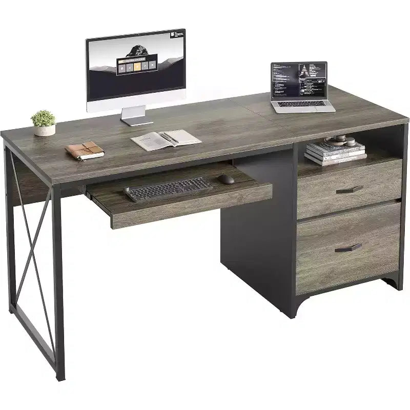 Scrivania da ufficio da 55" con vassoio per tastiera e cassetti portadocumenti, stile industriale con spazio di archiviazione