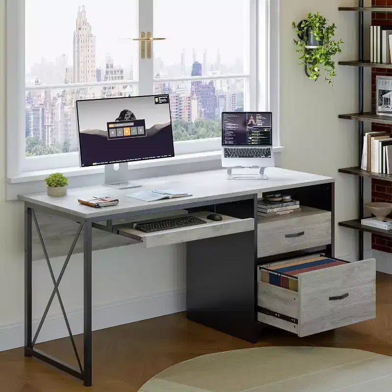 Scrivania da ufficio da 55" con vassoio per tastiera e cassetti portadocumenti, stile industriale con spazio di archiviazione