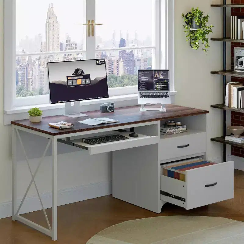 Scrivania da ufficio da 55" con vassoio per tastiera e cassetti portadocumenti, stile industriale con spazio di archiviazione