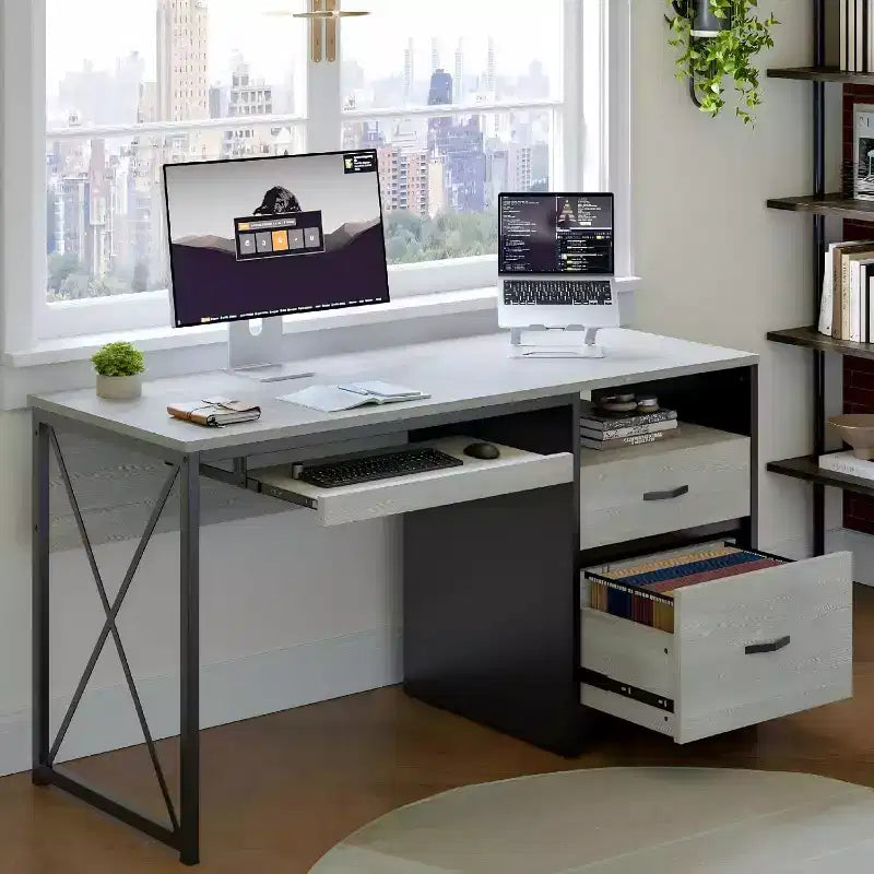 Scrivania da ufficio da 55" con vassoio per tastiera e cassetti portadocumenti, stile industriale con spazio di archiviazione