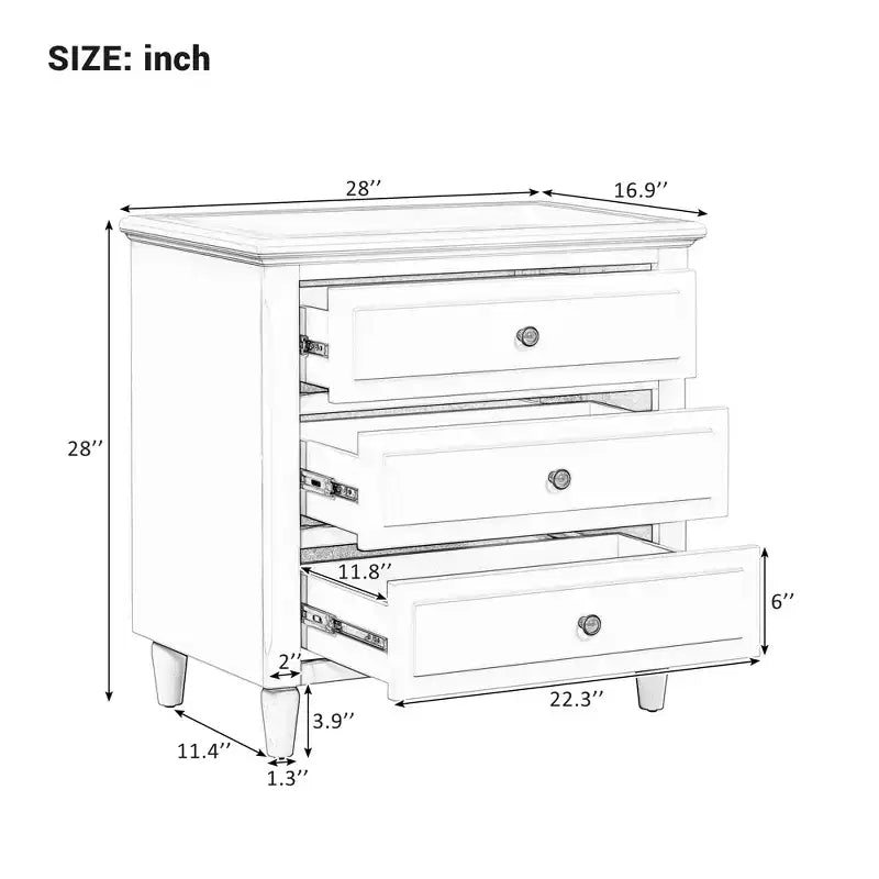 Comodino a 3 cassetti con mobiletto contenitore in legno – 28 pollici, design moderno