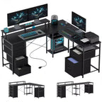 HOMCOM 66 Reversible L Shaped Desk with File Drawer, 105 Two Person Desk with Power Outlet and LED Light, Monitor Shelf and CPU Stand
