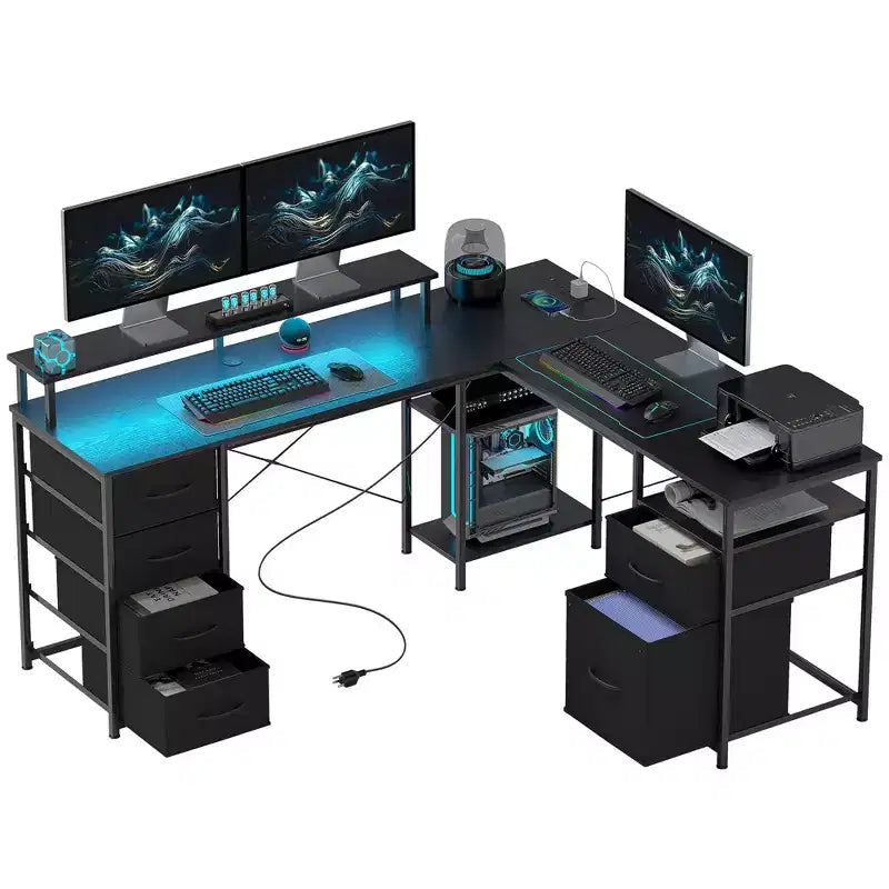 Scrivania a L reversibile da 66" con cassetto portadocumenti, presa di corrente, luce LED, ripiano per monitor e supporto per CPU