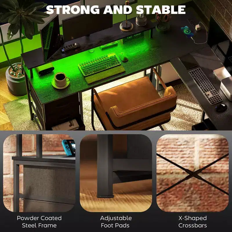 Scrivania a L reversibile da 66" con cassetto portadocumenti, presa di corrente, luce LED, ripiano per monitor e supporto per CPU
