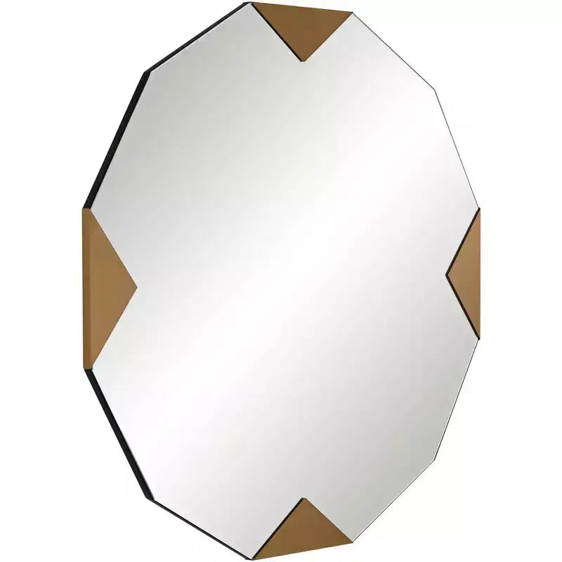Specchio da parete rotondo da 31" con dettagli geometrici a triangolo color oro