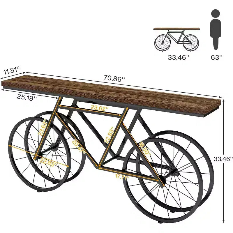 Consolle stretta da 70,9 pollici con base in metallo a forma di bicicletta
