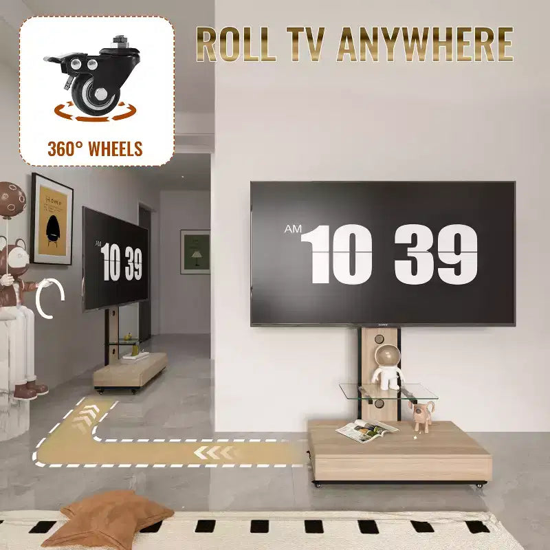 Supporto TV mobile regolabile in altezza con cassetto e ruote, adatto per TV da 32 a 75 pollici