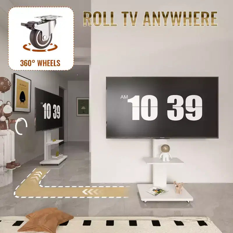 Supporto TV mobile regolabile in altezza con cassetto e ruote, adatto per TV da 32 a 75 pollici
