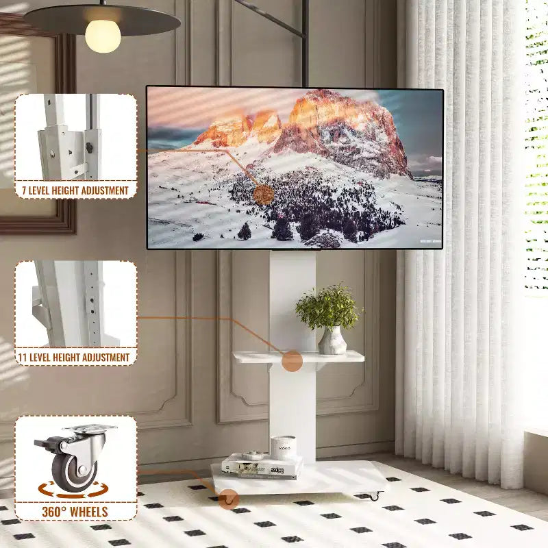 Supporto TV mobile regolabile in altezza con cassetto e ruote, adatto per TV da 32 a 75 pollici