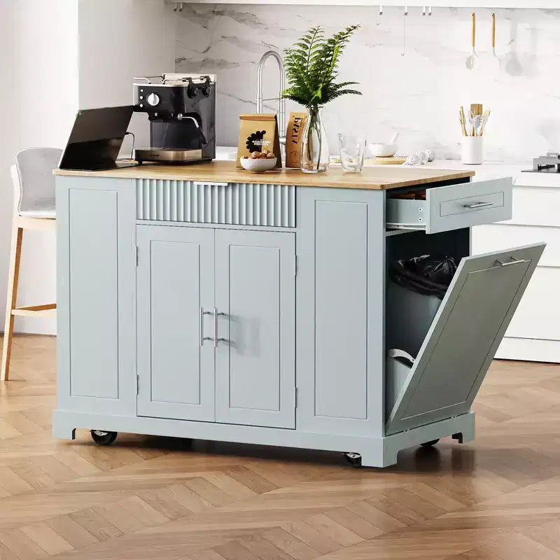 Isola per cucina con 5 ruote, 3 cassetti e 3 scomparti laterali a giorno