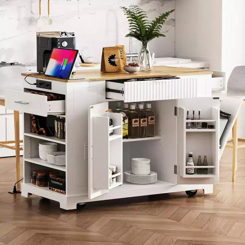 Isola per cucina con 5 ruote, 3 cassetti e 3 scomparti laterali a giorno