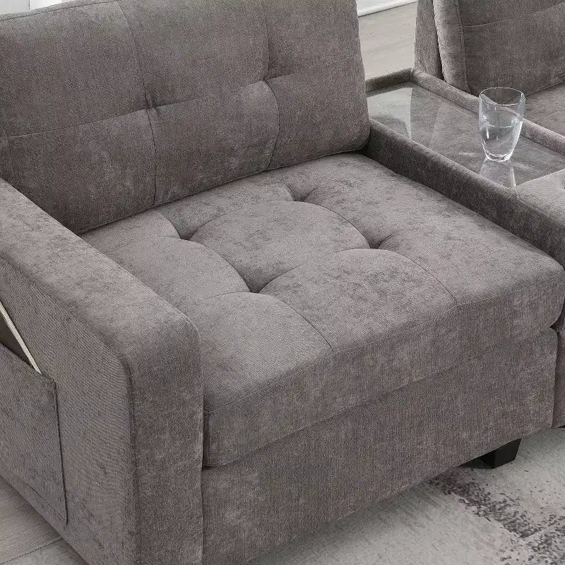 Divano sezionale a U in ciniglia con console, caricatore USB, vano portaoggetti e pouf mobile