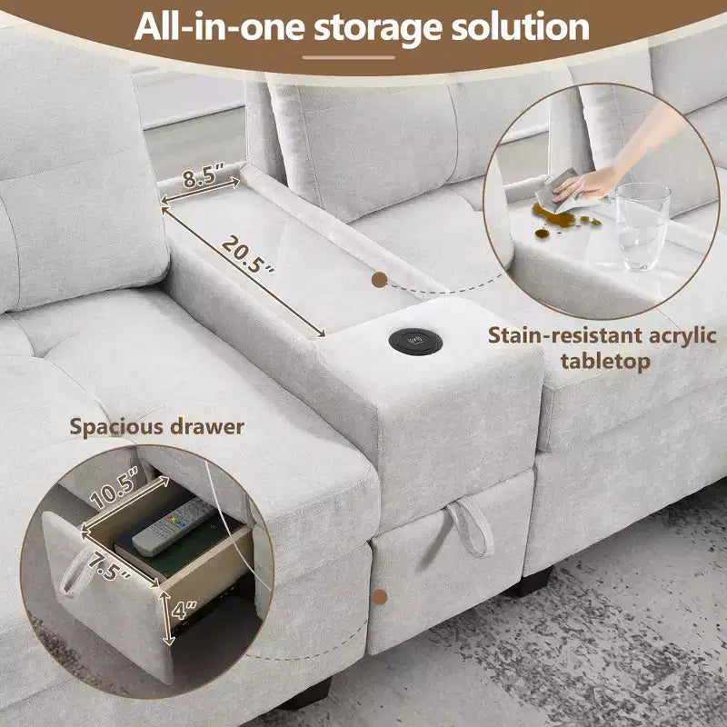 Divano sezionale a U in ciniglia con console, caricatore USB, vano portaoggetti e pouf mobile