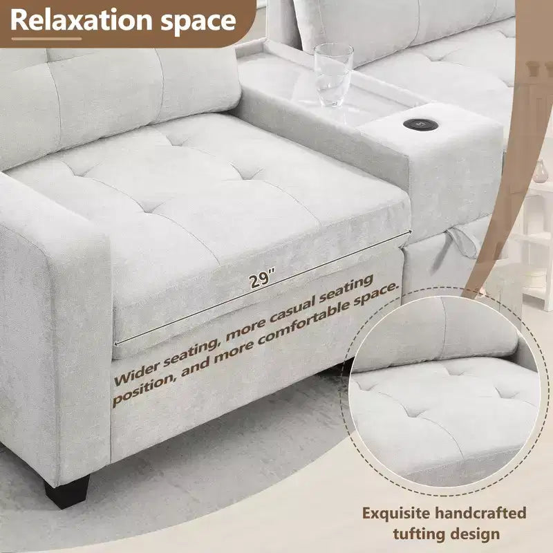 Divano sezionale a U in ciniglia con console, caricatore USB, vano portaoggetti e pouf mobile