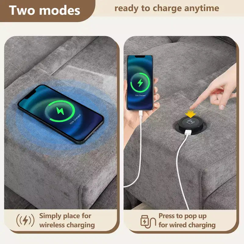 Divano sezionale a U in ciniglia con console, caricatore USB, vano portaoggetti e pouf mobile