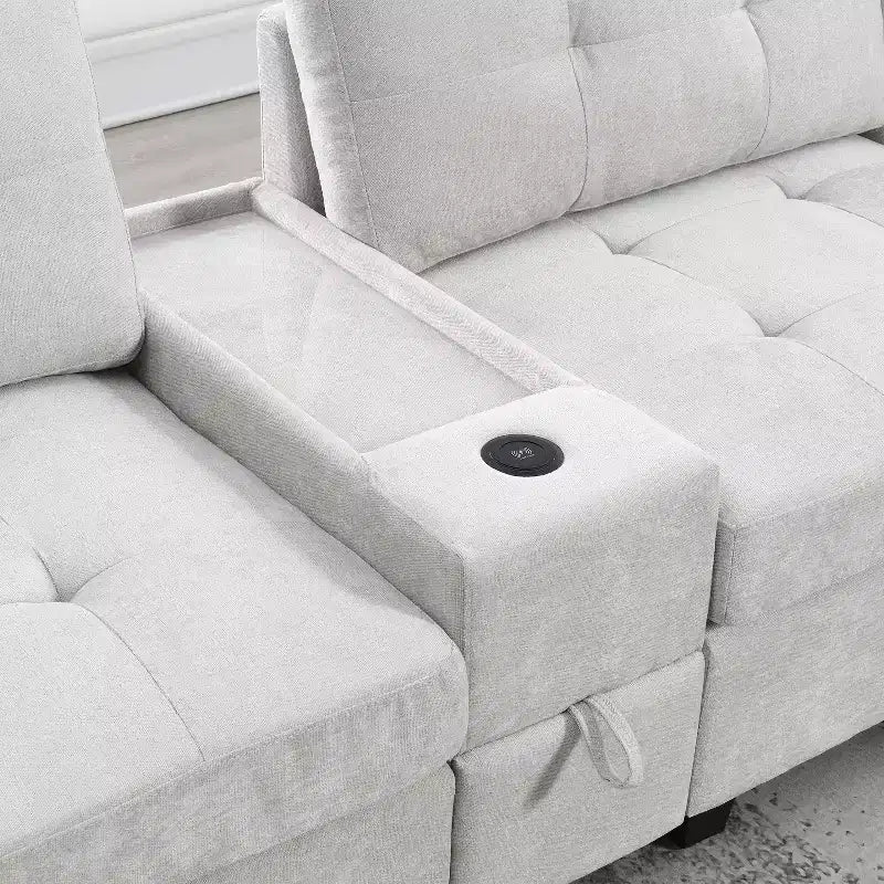 Divano sezionale a U in ciniglia con console, caricatore USB, vano portaoggetti e pouf mobile