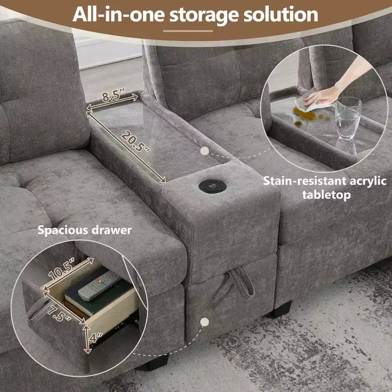 Divano sezionale a U in ciniglia con console, caricatore USB, vano portaoggetti e pouf mobile