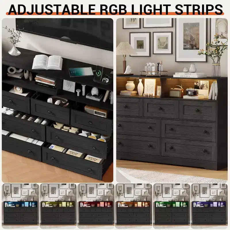 Cassettiera a 7 cassetti con scomparti a giorno, luci LED e porte di ricarica